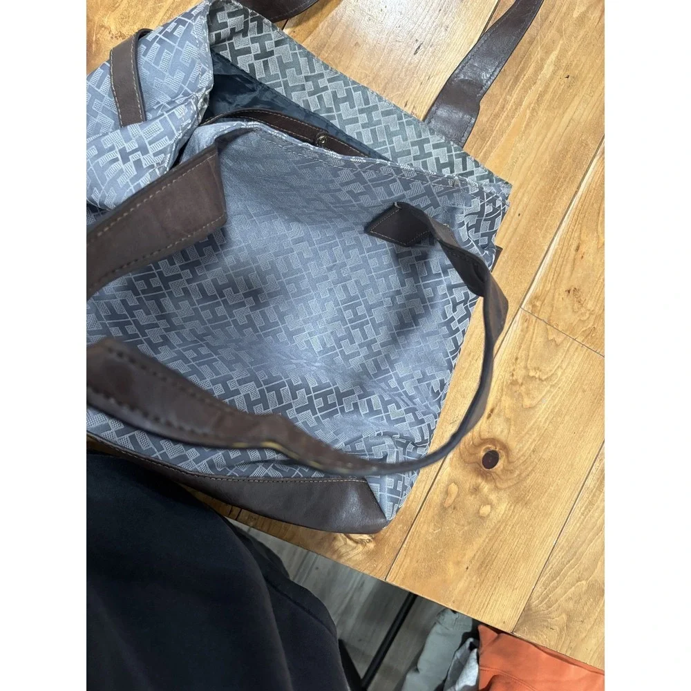Tommy Hilfiger Monogram Gray Tote Bag Shoulder Travel Carryall Blue Stripe